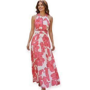 Abel The Label Floral Halter Maxi Dress Size L Pink White Rayon Open Back Summer